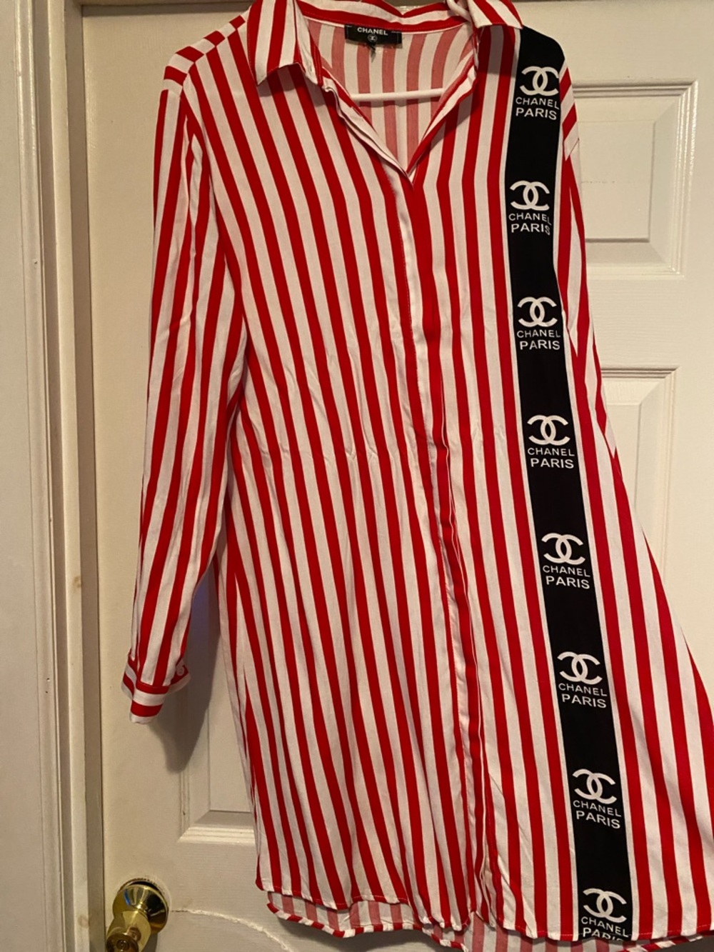 CHANEL Red & White Striped Kids Nightgown with Black Branded Panel